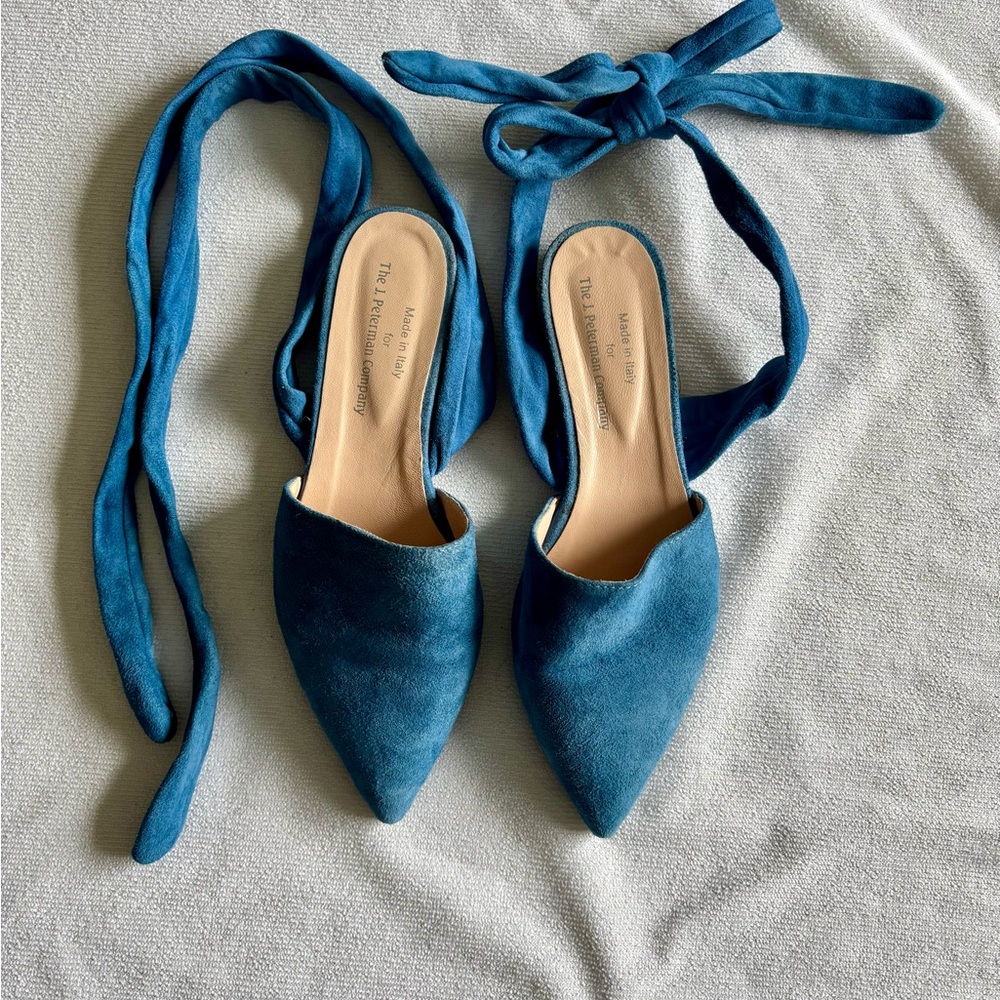 J. Peterman Teal Pointed Suede Tie-Back Mules